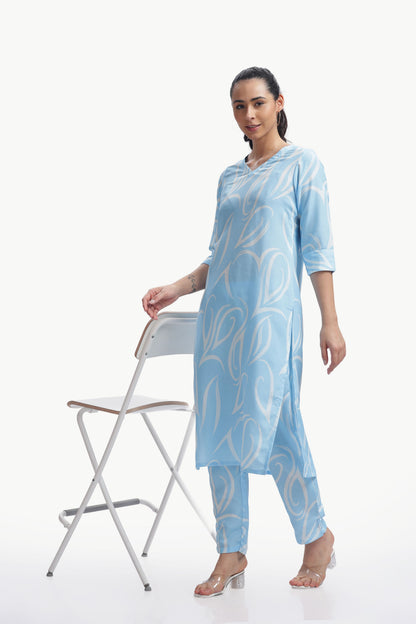 blue white printed kurta set