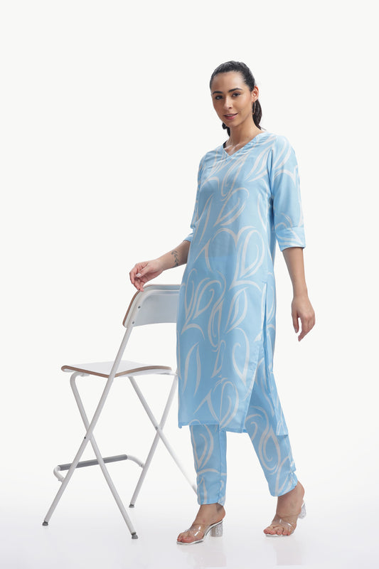 blue white printed kurta set