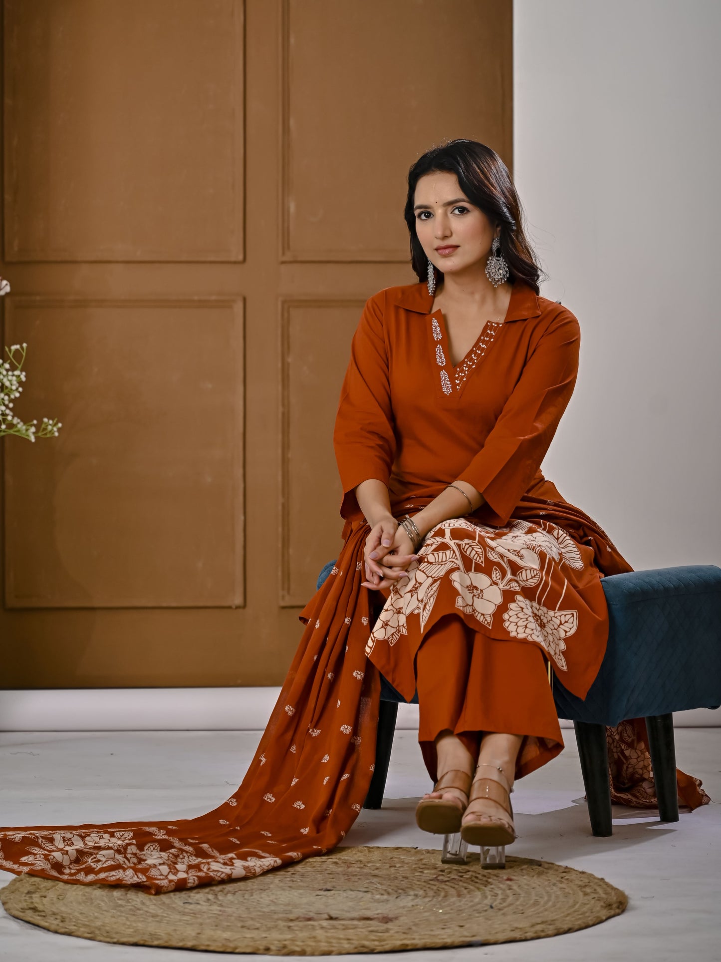 Ginger embroidery kurta set with Dupatta