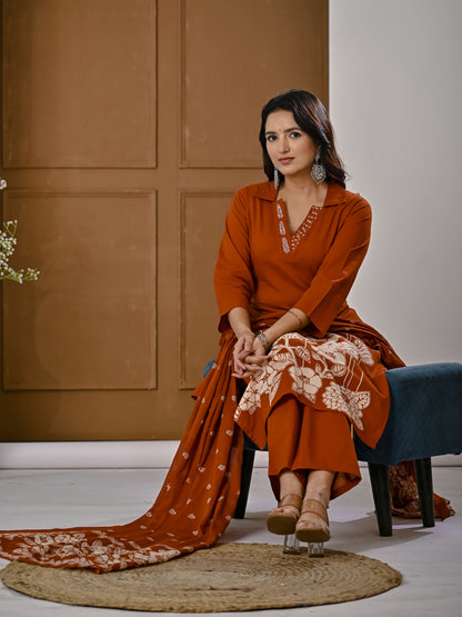 Ginger embroidery kurta set with Dupatta