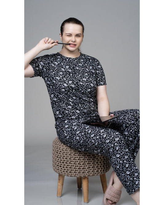 Pitch Black Floral Stretchable Co-ordset