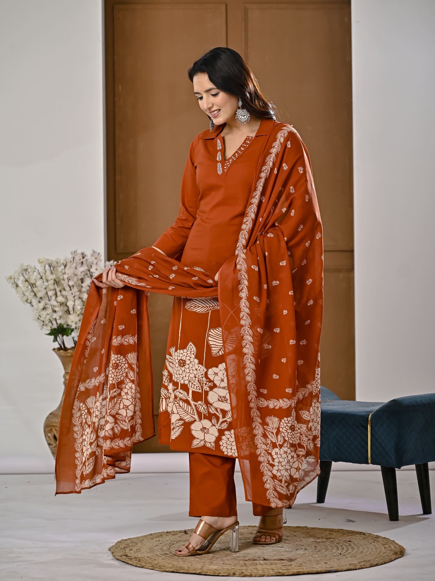 Ginger embroidery kurta set with Dupatta