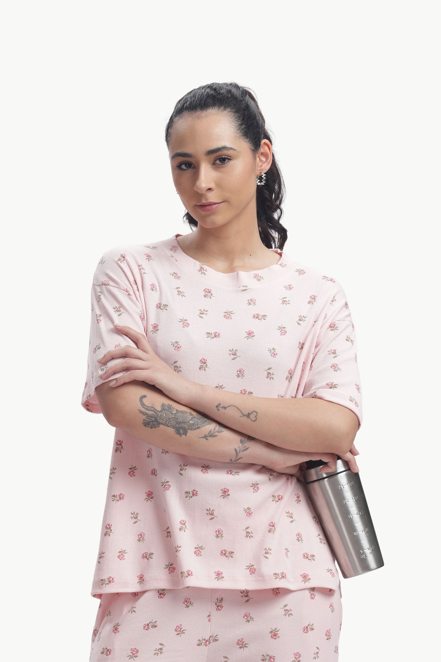 Pastel baby pink floral printed Stretchable Co-ordset