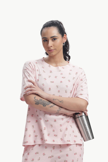 Pastel baby pink floral printed Stretchable Co-ordset