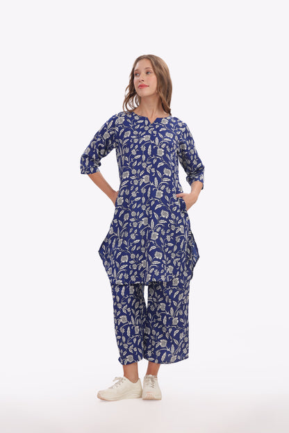 Navy Blue & White Floral Punjabi Co-ordset
