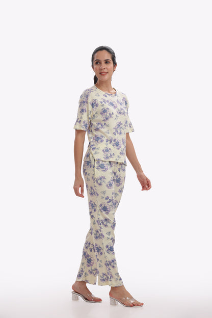 Purple & Cream Floral Stretchable Co-ordset