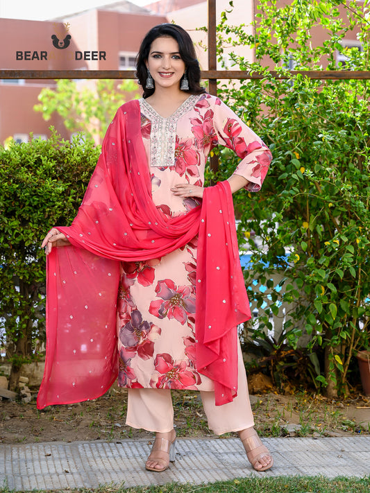 Red pink floral churidhar set