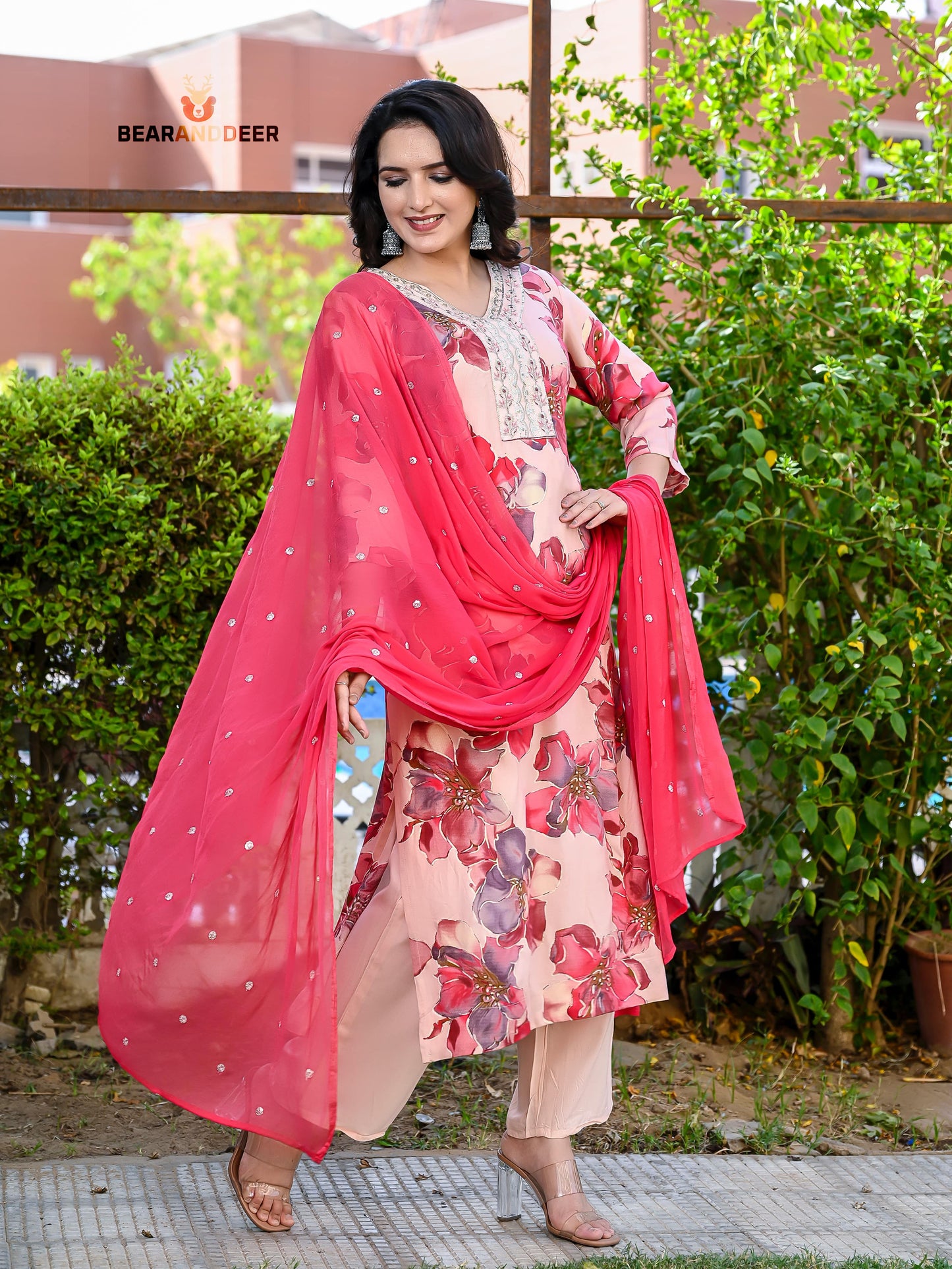 Red pink floral churidhar set