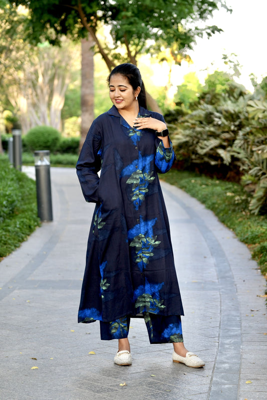 Navy Abstract Floral Rayon cotton Full sleeve Pyjamaset