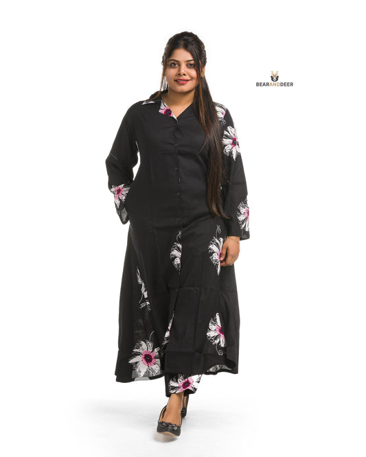 Black Floral Pattern Full Sleeve Pyjamaset