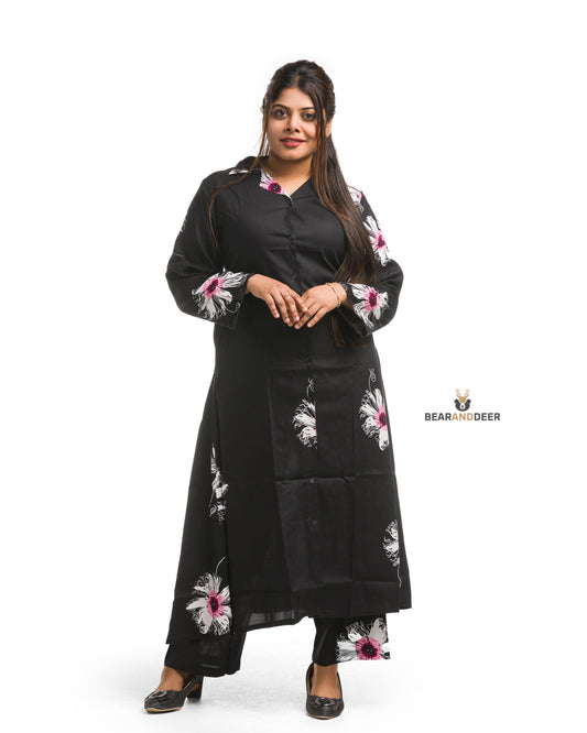 Black Floral Pattern Full Sleeve Pyjamaset