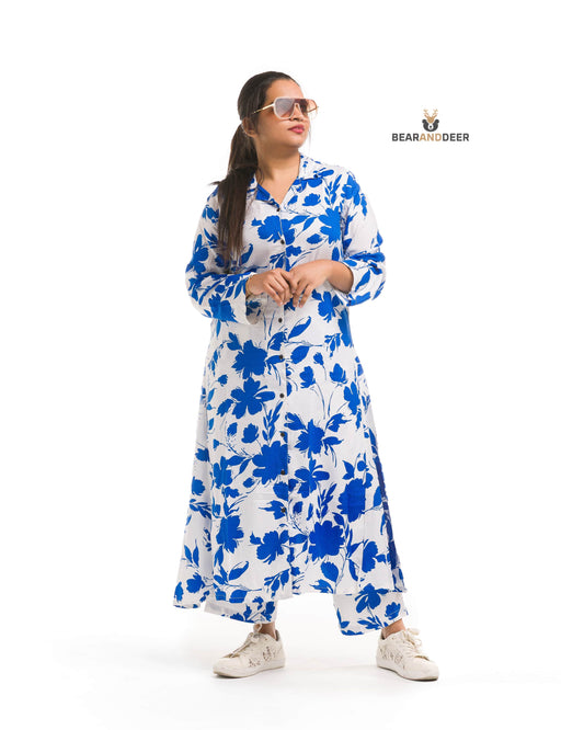 White & Blue Floral Cosy Cotton Full sleeve Pyjamaset
