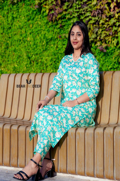 Rajasthani Cotton Mint Floral Pyjama Set
