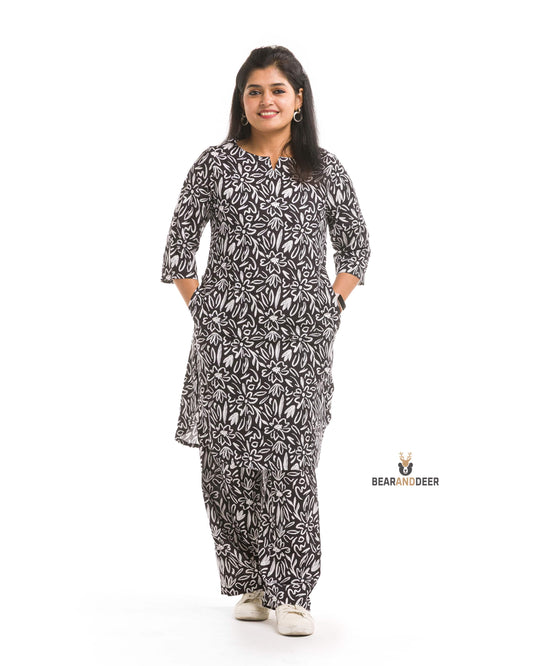 Black Sketchy Floral Print Punjabi Co-ordset
