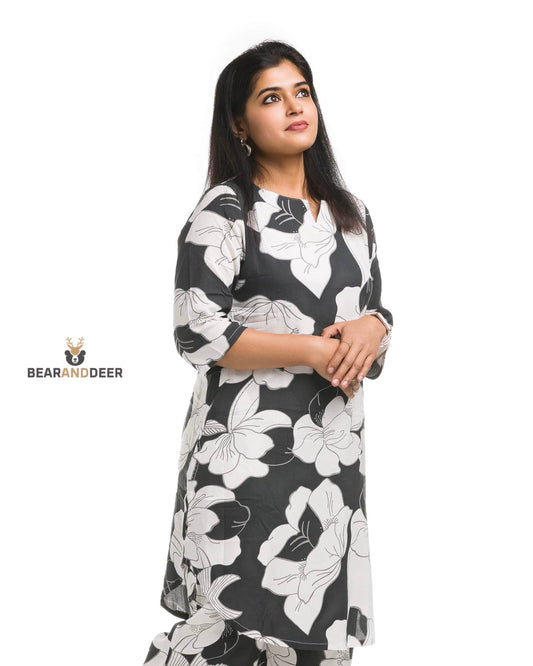 Black & white Floral Punjabi Co-ordset