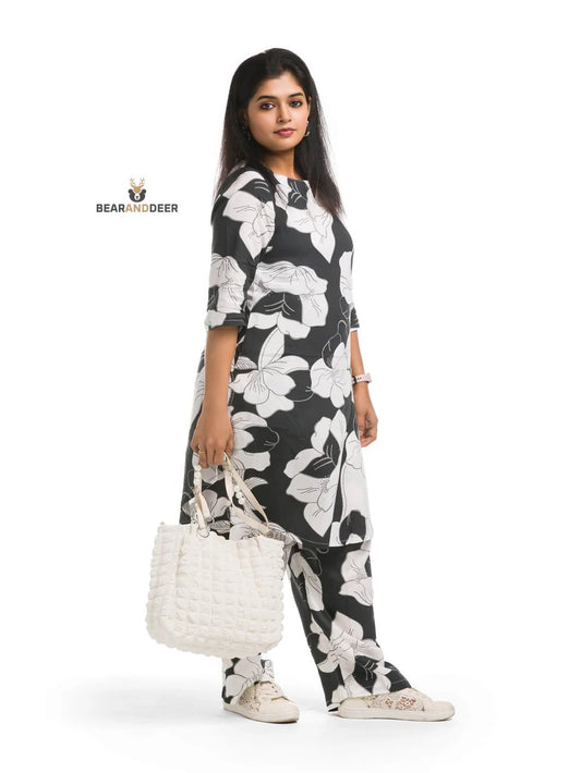 Black & white Floral Punjabi Co-ordset
