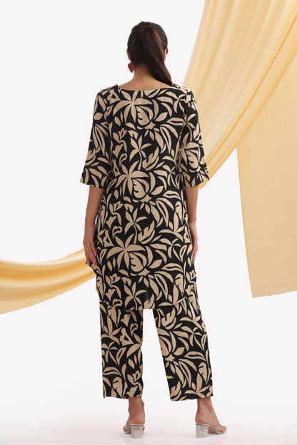 black and beige leaf-patterned punjabi co-ordset